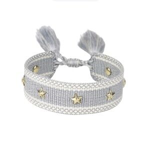Grey Woven Adjustable Charm Bracelet with Gold Star Accents – Boho Style